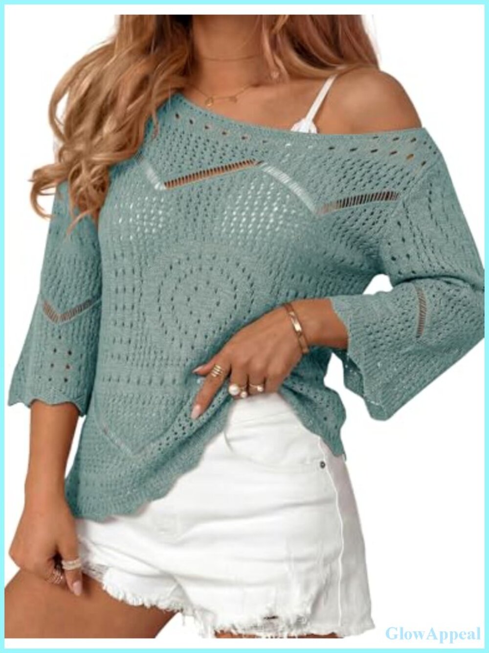 Women's Crochet Fishnet Knit 3/4 Sleeve Beach Cover Up Top